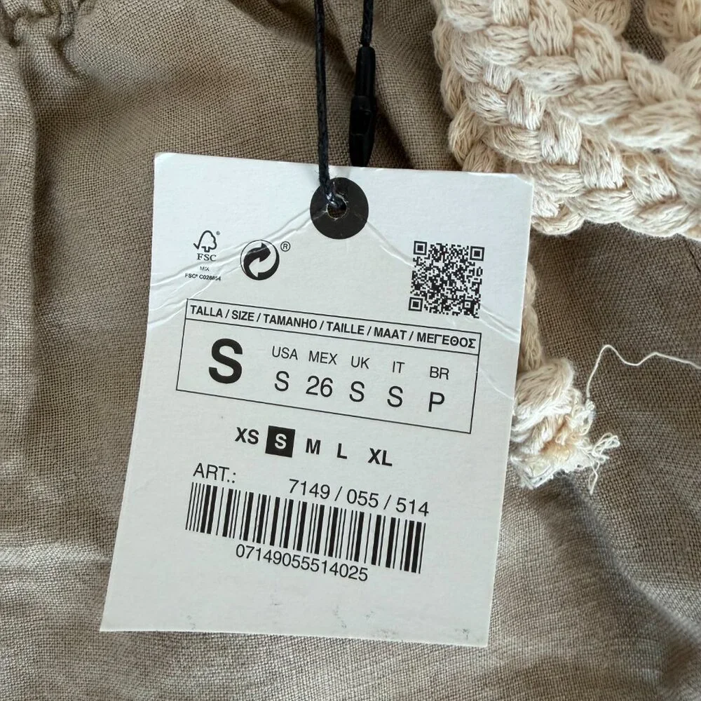 NWT Zara Drawstring, Elastic Waist Beige Linen Women's Small Neutral Khaki